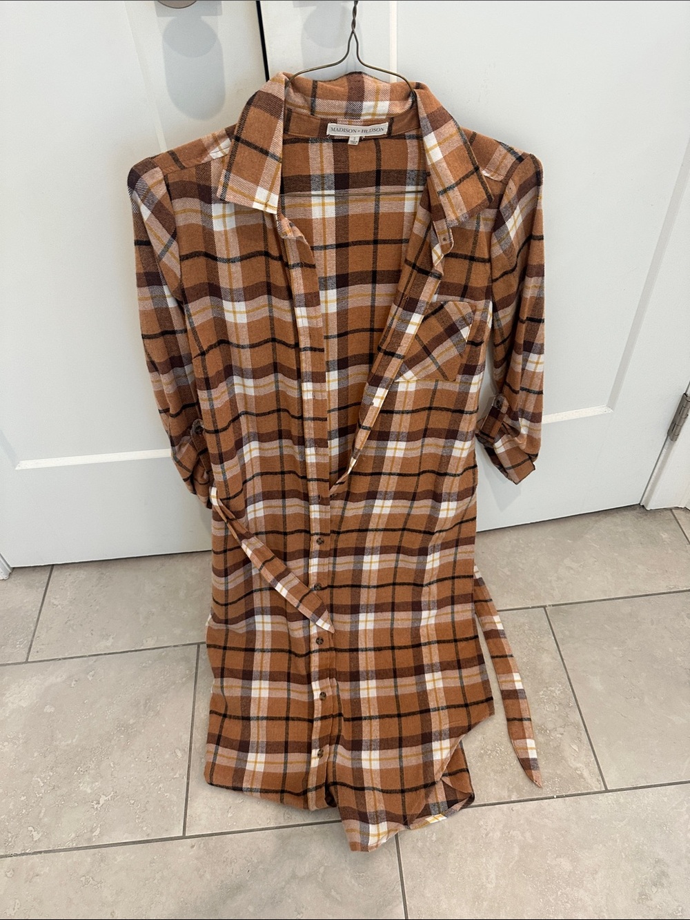 Madison + Hudson Plaid Button-Front Shirt Dress - Brown/White/Black